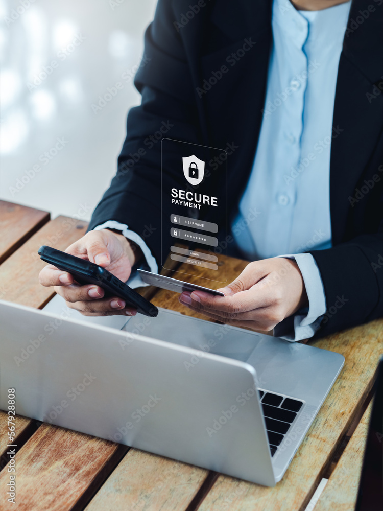 Aufkleber secure payment concept. safety shield icon on finance application login page virtual on mobile smart