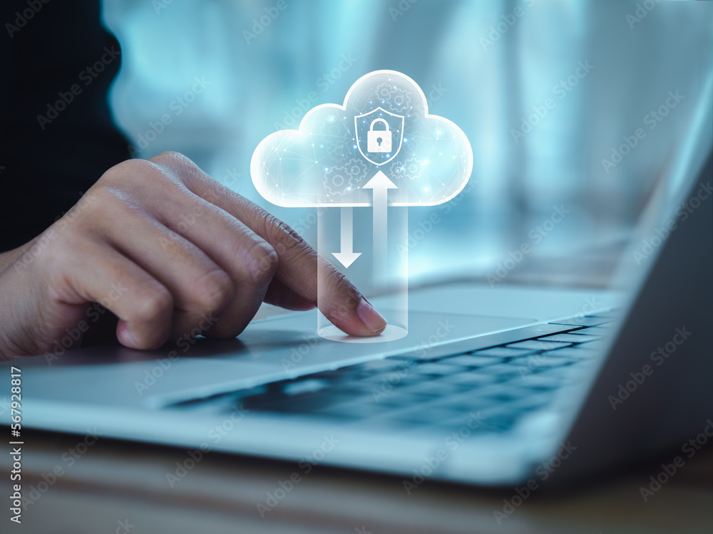 Poster cloud computing technology management concept. cloud with digital lock icons appearing while busines