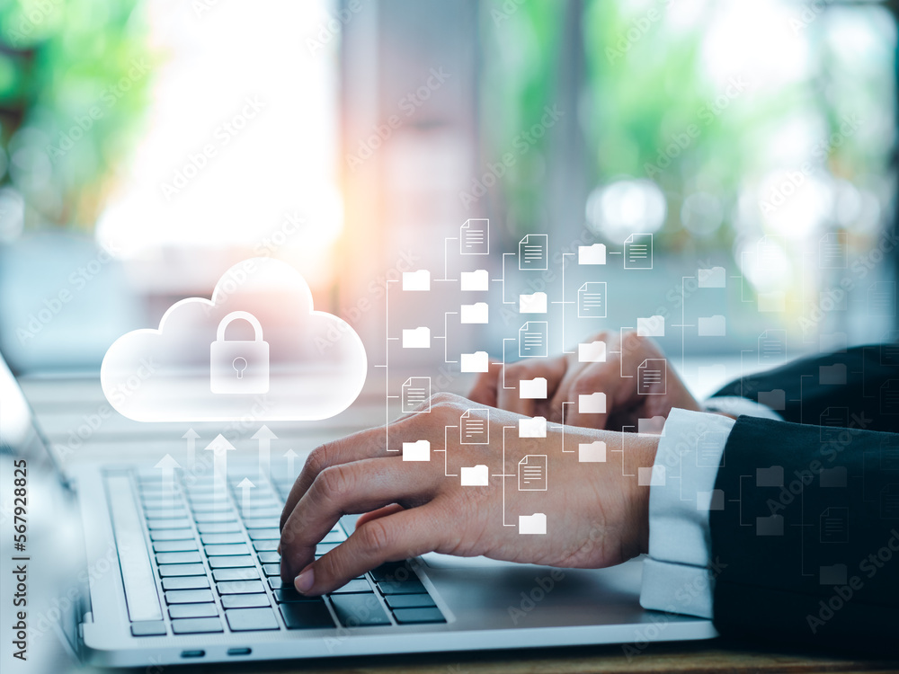 Poster cloud technology concept. cloud icons with folders and document files showing on screen while busine