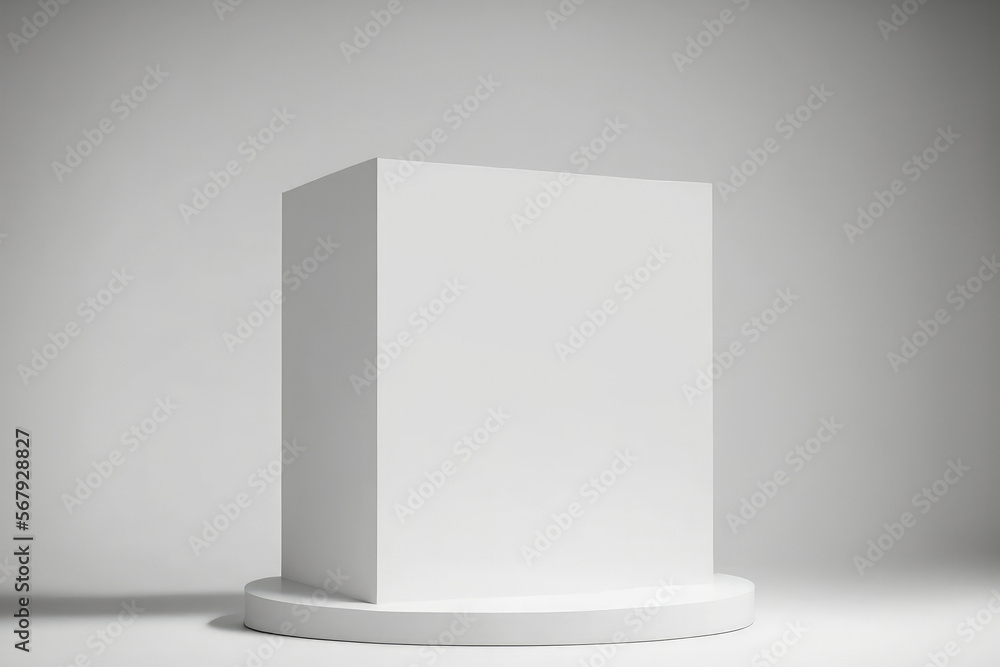 Poster white podium that is vacant and in shadow against a white background. mock up stand for displaying p