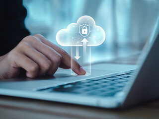 Cloud computing technology management concept. Cloud with digital lock icons appearing while...