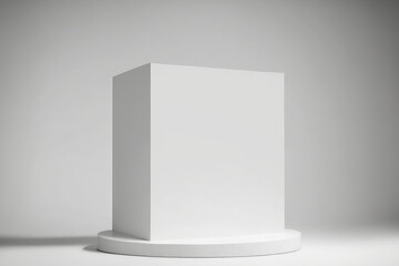 White podium that is vacant and in shadow against a white background. mock up stand for displaying products. minimal in scope. Showcase a product. Banner. Generative AI