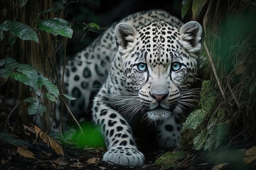 Fototapeta na wymiar A leopard is lurking behind the leaves. Generative AI. Lovely leopard wallpaper.