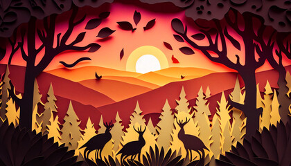 Glorious Spring Sunrise Over a Forest Background in Papercut Style. Generative AI
