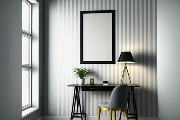 a picture of a striped room with a table and a picture frame. Generative AI