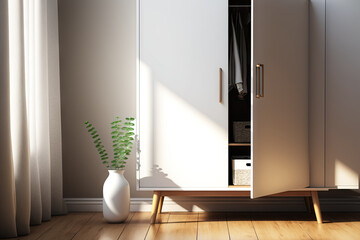 Realistic closeup blank space on polished fine wooden table with opened white modern neatly organized wardrobe cabinet for household products display templates. Morning sunlight, Home. Generative AI