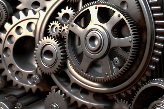  A computer-generated image of retro metallic gears close up view.