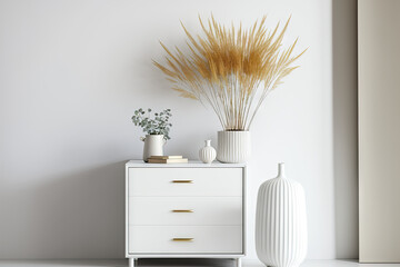 Interior of room with chest of drawers and reeds in vase near white wall with space for text. Generative AI