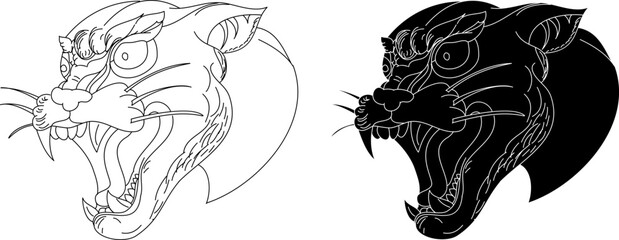 Black and white silhouette tiger.Traditional Japanese tiger head for printing on shirt on white background.