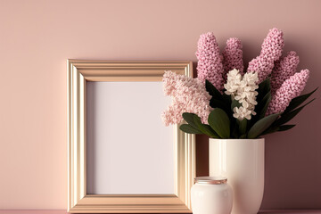 Image of pleasant household furnishings in a minimalist setting against a pink wall. Pink hyacinths in a lovely jar with an empty vintage rectangular photo frame for your photograph, artwork, or desig