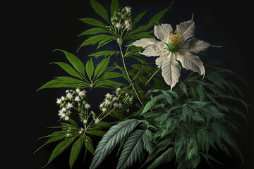 Cannabis sativa leaves, early white flowers, and a marijuana plant in bloom. Generative AI