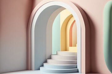 architectural arch and curly stairs minimal design, pastel design, 3d illustration made with generative ai
