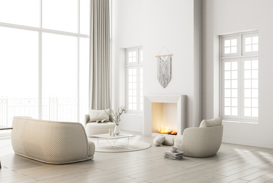 Minimal style white living room Furnished with a modern fireplace with flames and fabric furniture 3d render The room has a parquet floor and white door overlooking terrace and bright background