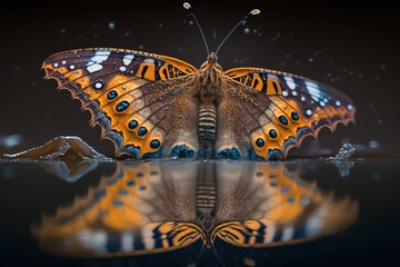 Fototapeta na wymiar beautiful colorful butterfly flight on a leaf, Spring summer fresh artistic image of beautiful nature. macro. ai generative illustration.