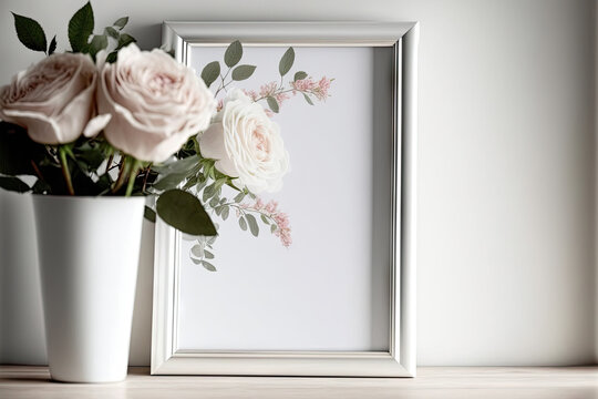 White picture frame mockup in portrait orientation on a hardwood table. roses in a contemporary glass vase. white wall as a backdrop Scandinavian style decor. Generative AI