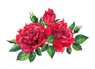 Red roses bouquet. Floral watercolor vector with rose flowers - 567931421