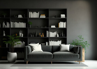 Front view on dark living room interior with empty white wall, sofa, coffee table with crockery and books, concrete floor, bookshelves. Concept of minimalist design. Generative AI