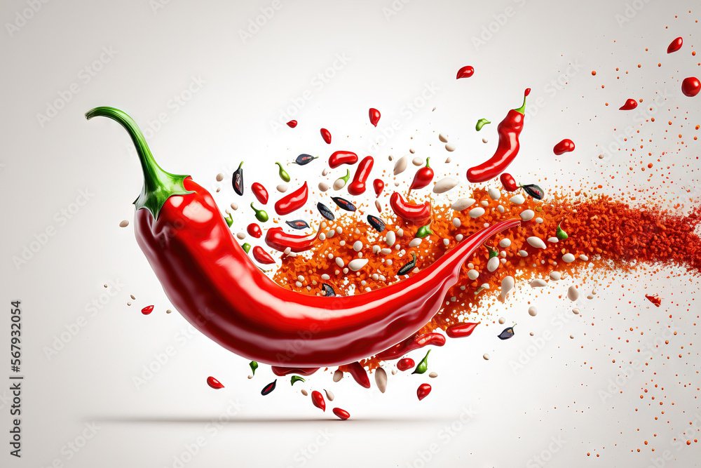 Poster in the air are cross sections of a fresh red chili pepper with flying seeds. a background of white. 