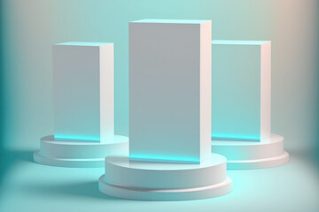 A blank stage with three rectangular white podiums is set against a pastel blue holographic background in this strange abstract image. Pedestal for mock up cosmetic product packaging displays