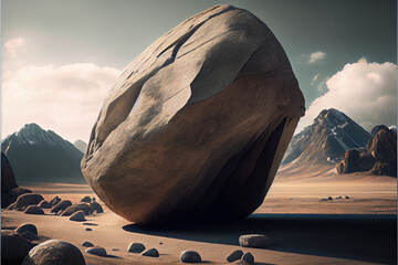 Giant boulder rock, rocks nearby, mountain background, wide open valley and plains, generative ai