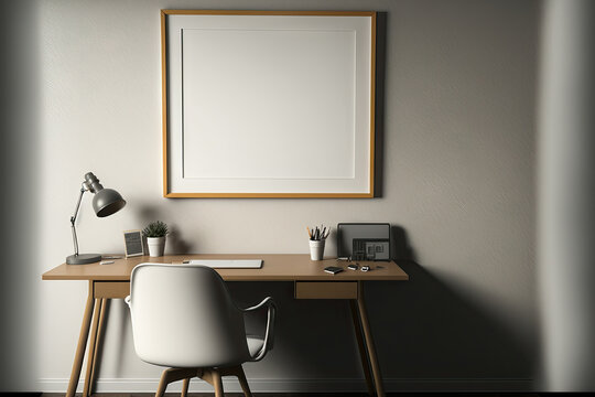 office desk with a blank wall mounted photo frame. Generative AI
