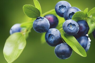 Ripe blueberries (bilberry) on a blueberry bush on a nature background. Generative AI