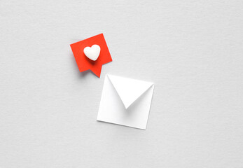 Paper cut notification message mail envelope with Social media like on gray background. Creative minimalist layout