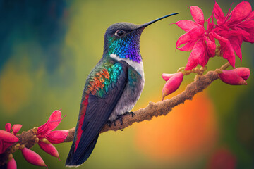Obraz na płótnie Canvas On a branch with red flowers, a female Blue chinned Sapphire hummingbird (Chlorestes notata) is perched. calming image of a hummingbird among flowers. An exotic bird in a garden. Generative AI