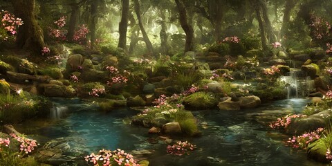 Forest flower crystals::4 emitting glitter garden landscape with pool of clear water and „black gold marble“:1magical path landscape Asher brown Durand, rendered in octane, hyper realistic