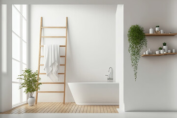 Interior bathroom corner in white and wood with a ladder, a white tub, and a wooden floor. a mockup. Generative AI