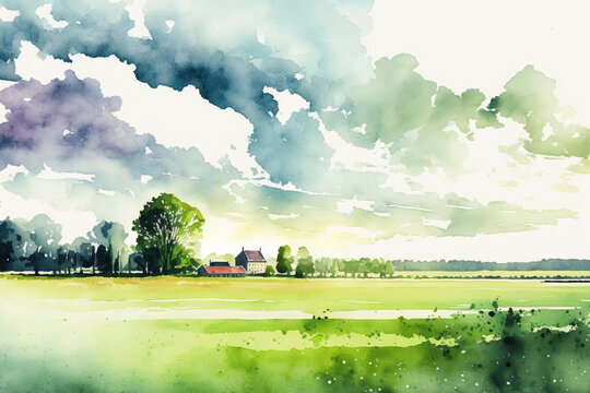 Illustration of a summer countryside in watercolor. Generative AI