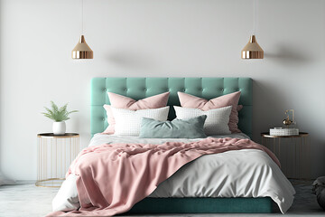 mockup of a bedroom with a double bed and blank walls. Generative AI