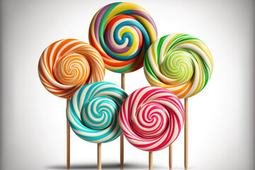 Fototapeta na wymiar Vintage rainbow colored lollipops swirled on a wooden stick and set on a white background. Generative AI