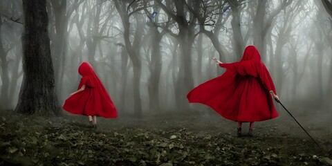woman in red dress in forest
