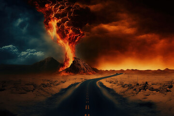 Digital graphic of the Hwy to Hell or Apocalypse Road. may represent a lonely road. Generative AI