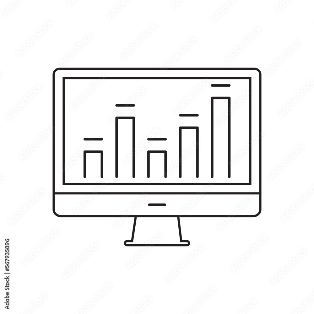 Poster online statistics and analytics report line icon. computer with graph chart vector outline sign.