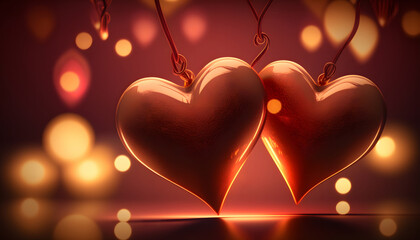 hearts in love, valentine's day, romance, hearts in the middle of a beautiful background, lights with boke, 3d rendering, digital illustration