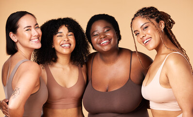Obraz premium Friends, diversity and beauty of women in underwear in studio isolated on a brown background. Portrait, lingerie and self love of body positive happy girls with makeup, cosmetics and healthy skincare