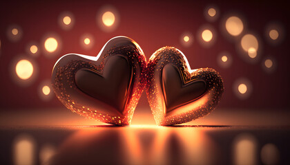 Naklejka premium hearts in love, valentine's day, romance, hearts in the middle of a beautiful background, lights with heart-shaped boke, lights, 3d rendering, digital illustration