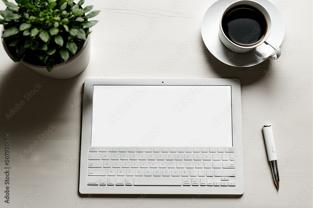 Poster mockup of a tablet with a blank screen and a magic keyboard on a white table. generative ai