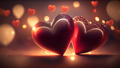 hearts in love, valentine's day, romance, hearts in the middle of a beautiful background, lights with heart-shaped boke, lights, 3d rendering, digital illustration