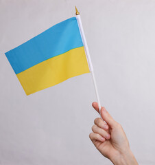 Woman's hand holds flag of Ukraine on gray background