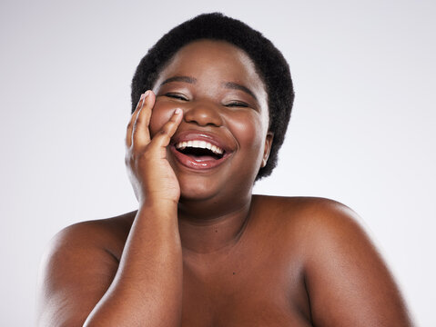 Beauty, Skincare And Portrait Of Black Woman With Smile For Wellness, Dermatology And Luxury Cosmetics In Studio. Spa, Aesthetic And Face Of Plus Size Girl With Glowing Skin, Self Love And Makeup