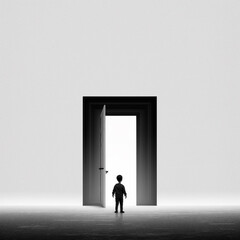 Minimalist illustration of a person in front of a door