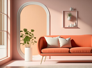 Peach beige interior with white sofa, lounge chair and decor. illustration mock up. Generative AI