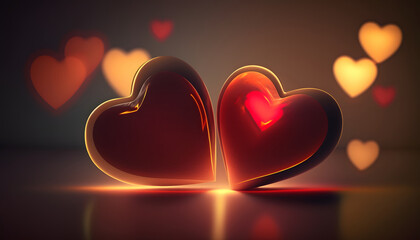 hearts in love, valentine's day, romance, hearts in the middle of a beautiful background, lights with heart-shaped boke, lights, 3d rendering, digital illustration