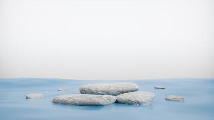 Abstract Background. White stone podium for premium products display, white marble pedestal nature advertising cosmetic concept on water wave background. 3d rendering