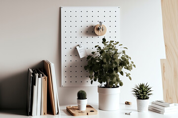 On a white table in the living room is a pegboard with stationery and sticky notes. Generative AI