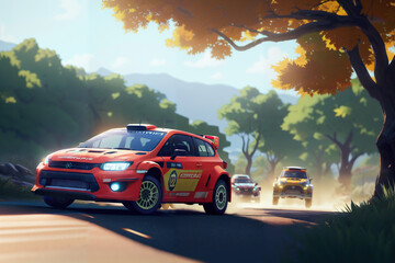 Obraz na płótnie Canvas Rally Car Race in Full Speed Across the Autumn Landscape in a Blazing Red Car Generative AI Art Illustration