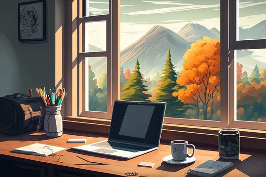 workspace in a contemporary office setting with a mock up laptop screen, a window with a lovely view of the outdoors, a coffee cup and other objects on the desktop, furniture, and light. Generative AI